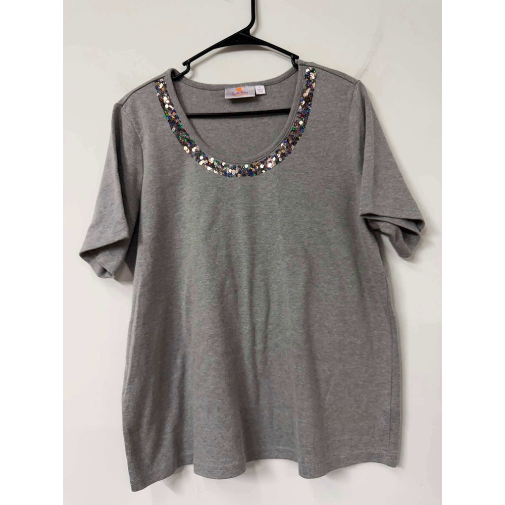 Quacker Factory Heather Grey Sequin Scoop Neck Short Sleeve Top Womens Large